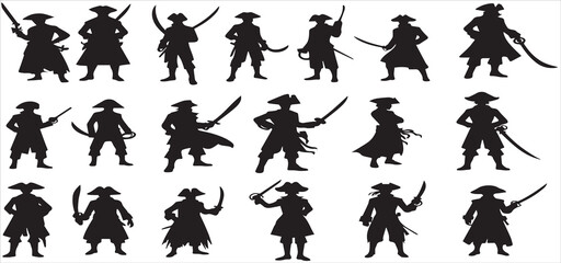 Pirate Poses. Vector Silhouettes of Pirates in Action with Swords, Isolated Captain Silhouette. Black Pirate-Themed Designs vector