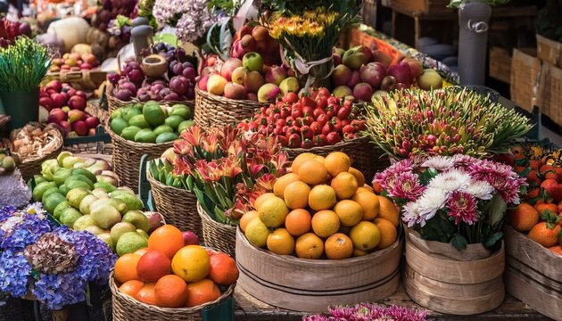 Flower Markets: vibrant flowers, fruits, and decorations, peach blossoms and kumquats