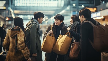 Fototapeta premium A joyful group of friends reunites in a busy train station, sharing laughter and carrying shopping bags in a lively urban setting.