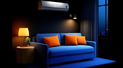 Modern Living Room with Air Conditioner: A cozy and stylish living room with a modern air conditioner installed on the wall, creating a cool and comfortable space for relaxation.  
