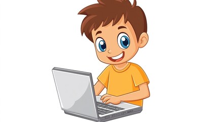 Pupil using a laptop, sitting on a clean white background, showcasing the focus and engagement of a young student in the digital learning environment.