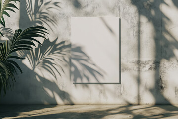 Empty white vertical rectangle poster mockup with natural shadow on grey concrete background
