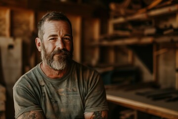 Obraz premium Rugged Bearded Man in Rustic Workshop