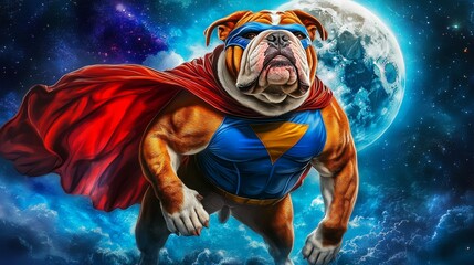 Super Bulldog Flying with Cape in Space