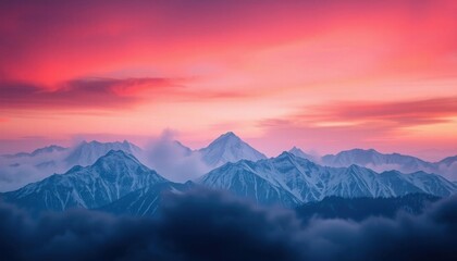 a view of a mountain range with a pink sky in the background