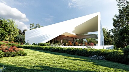 2410 5.A modern white house with an angular roof and expansive windows, standing on a neatly landscaped plot of land. The bright exterior and minimalist design give the house a futuristic appeal,