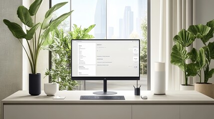 Fototapeta premium Modern Home Office Desk with Computer Plants and City View