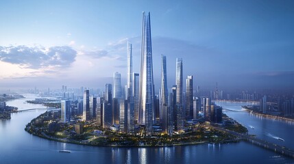 Naklejka premium 2410 7.A panoramic shot of a modern city skyline in China, showcasing a dense array of skyscrapers with cutting-edge architecture. The urban landscape is a mix of towering glass structures and