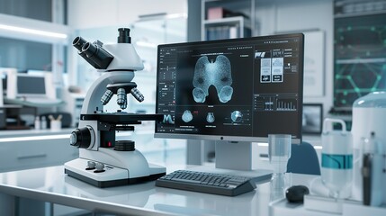 Fototapeta premium Professional Pet Diagnostics: Digital Trinocular Microscope Supporting In-Depth Laboratory Research