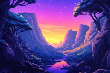 Fototapeta premium A Starry Night Over a Tranquil Mountain Valley With a Winding Creek