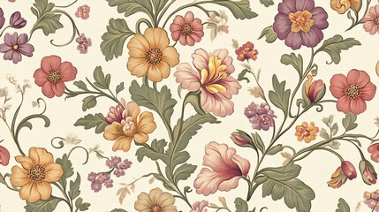 2410 34.A seamless pattern showcasing classic floral motifs, with detailed flower petals and vines. The background provides a subtle contrast, allowing the vibrant flowers to form a beautiful,