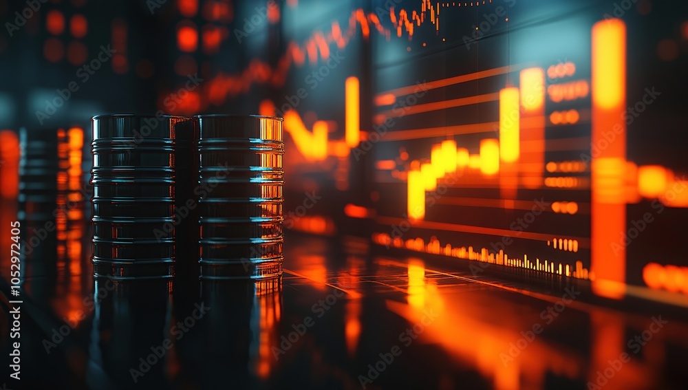 Poster server racks in a data center with a stock market chart in the background.