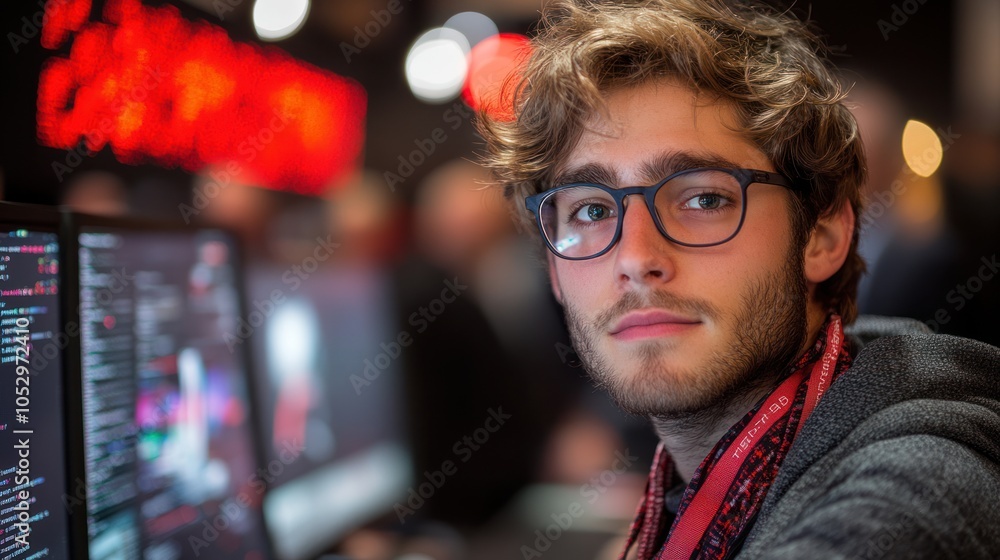 Poster young man with glasses looks at computer screen with code visible