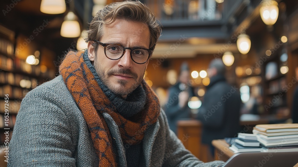Poster man in glasses and scarf posing in a library setting