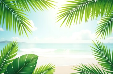 Naklejka premium bright summer beach banner background with coconut palm tree leaves at borders 