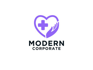Healthcare Icon Medical Pharmacy Logo. Heart and Hand with cross sign inside.