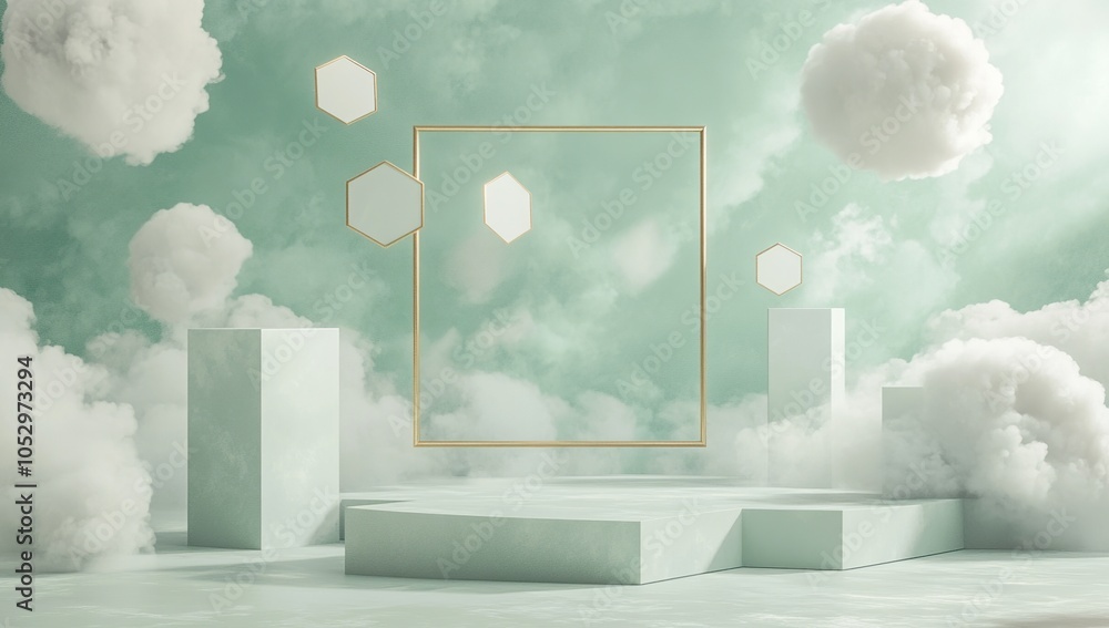 Aufkleber abstract green background with floating clouds and gold frame.