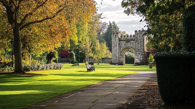 2410 13.A view of the Castle Grounds in Reigate, Surrey, showcasing a mock medieval gateway amidst a beautifully landscaped public park. The gateway stands as a historical nod to the castle that once