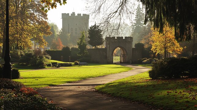 2410 13.A view of the Castle Grounds in Reigate, Surrey, showcasing a mock medieval gateway amidst a beautifully landscaped public park. The gateway stands as a historical nod to the castle that once