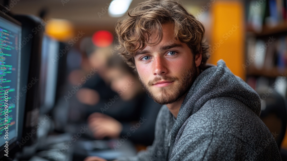 Aufkleber close-up portrait of a young man in a library with a computer screen in the background