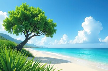A blue-sky beach with tree and grass