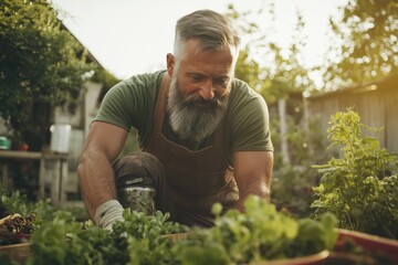 Mature Bearded Gardener with Prosthetic Leg Tending to Vegetable Garden
