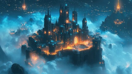 Fototapeta premium A large, dark castle sits atop a mountain, glowing with magical energy. It appears to be floating in the clouds above a distant city.