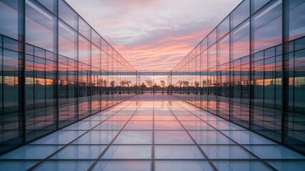 Obraz premium Modern Glass Architecture Reflecting Vibrant Sunset Colors