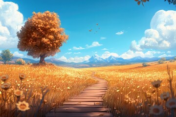 A wooden path winds through a golden field towards a mountain range in the distance, under a blue sky with white clouds.