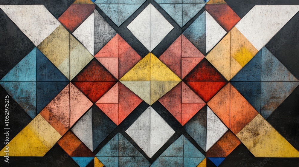 Poster symmetrical mosaic of colorful geometric shapes, vibrant patterns create a visually striking design,