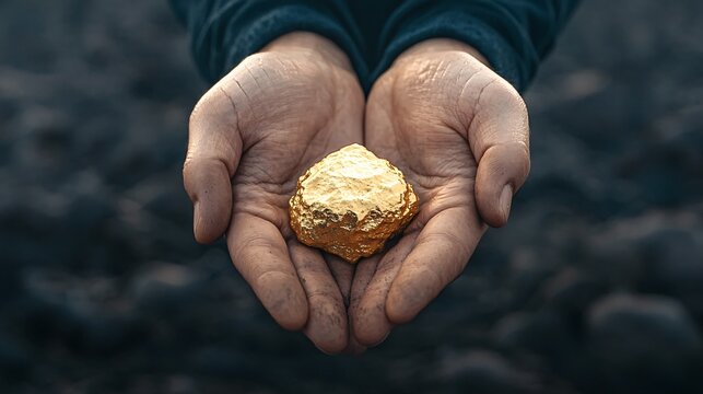 A person holds a shiny gold nugget in their outstretched hands against a dark, blurred background.
