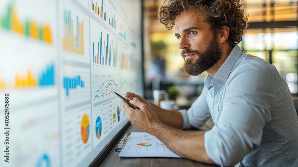 Poster man analyzing business graphs on a large screen