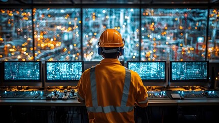 Photograph depicting oil field workers monitoring real time holographic displays of drilling progress and production data