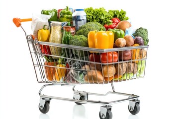 Colorful Shopping Cart Filled With Fresh Vegetables and Groceries