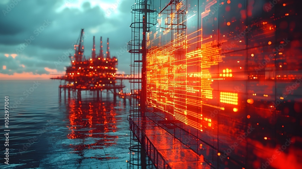 Aufkleber futuristic offshore oil platform with holographic projections displaying real time energy output pip