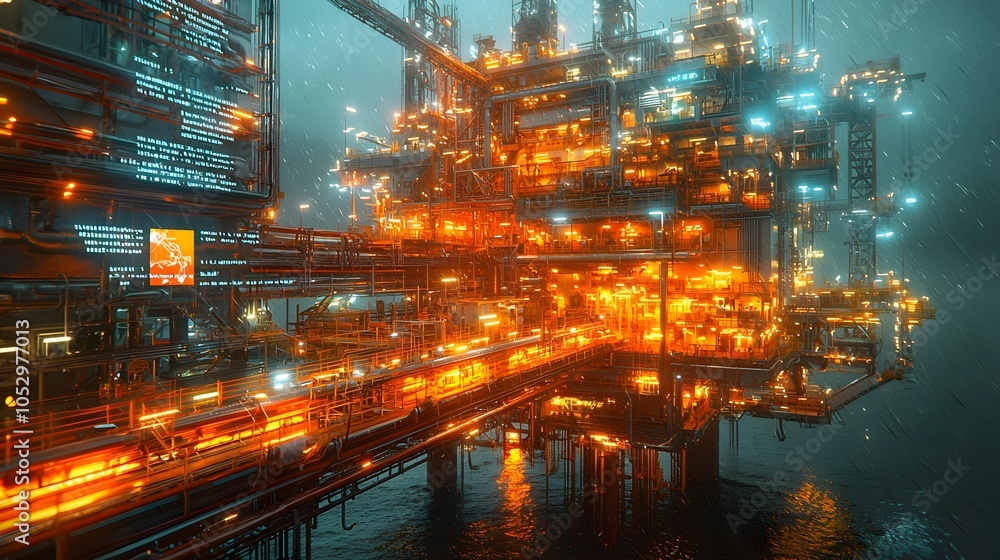 Aufkleber futuristic offshore oil platform with holographic projections displaying real time energy output pip