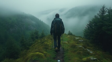 Obraz premium Solo hiker on a foggy mountain path