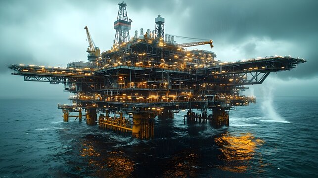 Futuristic image of an offshore oil platform with holographic projections displaying real time energy output pipeline flow and other industry specific data visualizations