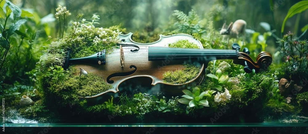 Poster a violin rests in a bed of lush greenery, with soft light filtering through the foliage, creating a 
