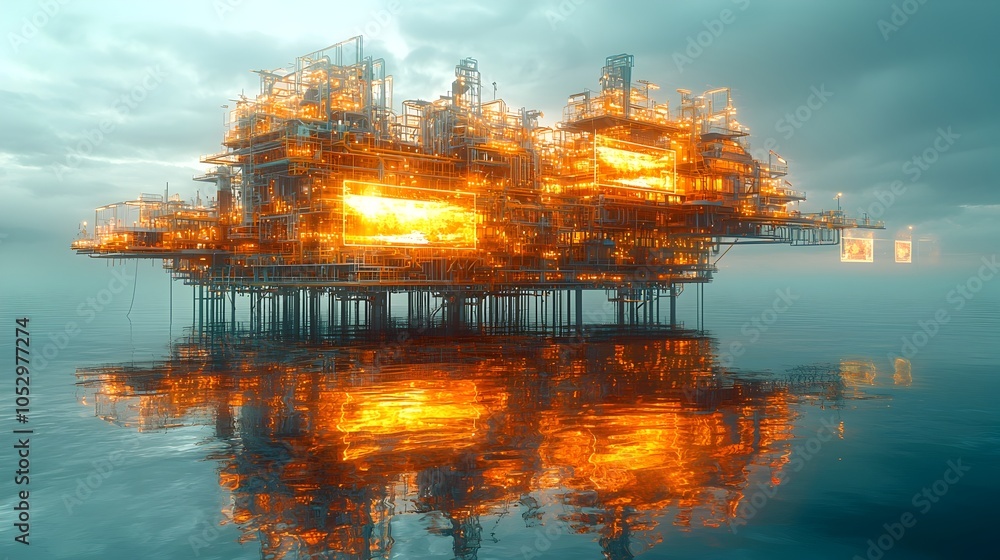 Poster futuristic oil platform with holographic technology displaying real time production output data in a