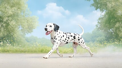 Playful dalmatian enjoys nature's beauty