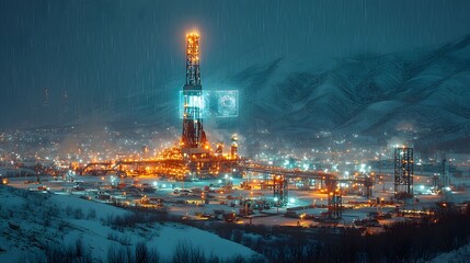 Obraz premium A photography showcasing an advanced oil drilling site in the Middle East featuring state of the art machinery and equipment equipped with holographic projections of geological data and analytics