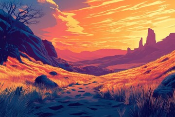 A winding path through a vibrant landscape with a sunset sky