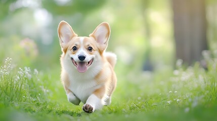 Playful corgi joyfully running through green field