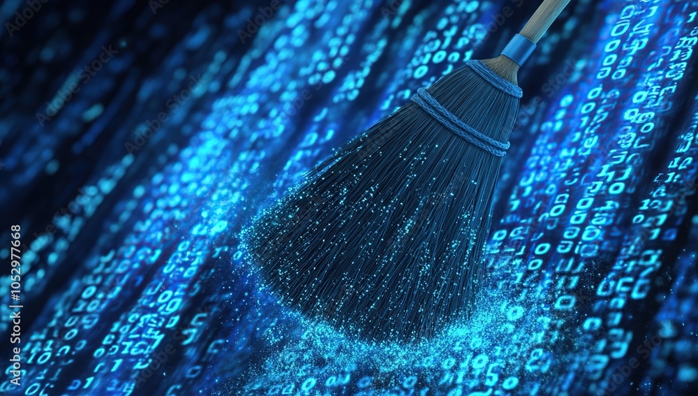 Poster a broom sweeping away digital data represented as blue binary code.