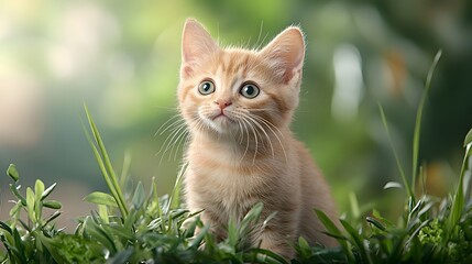 Curious kitten exploring a lush green environment