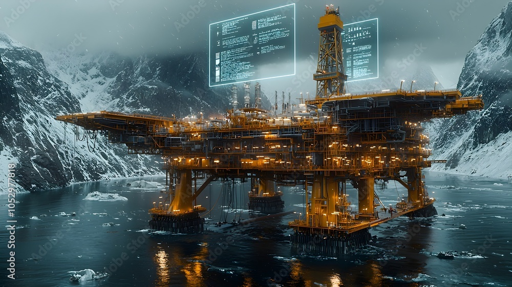 Poster futuristic oil platform operating in a snowy remote region with holographic projections of extractio