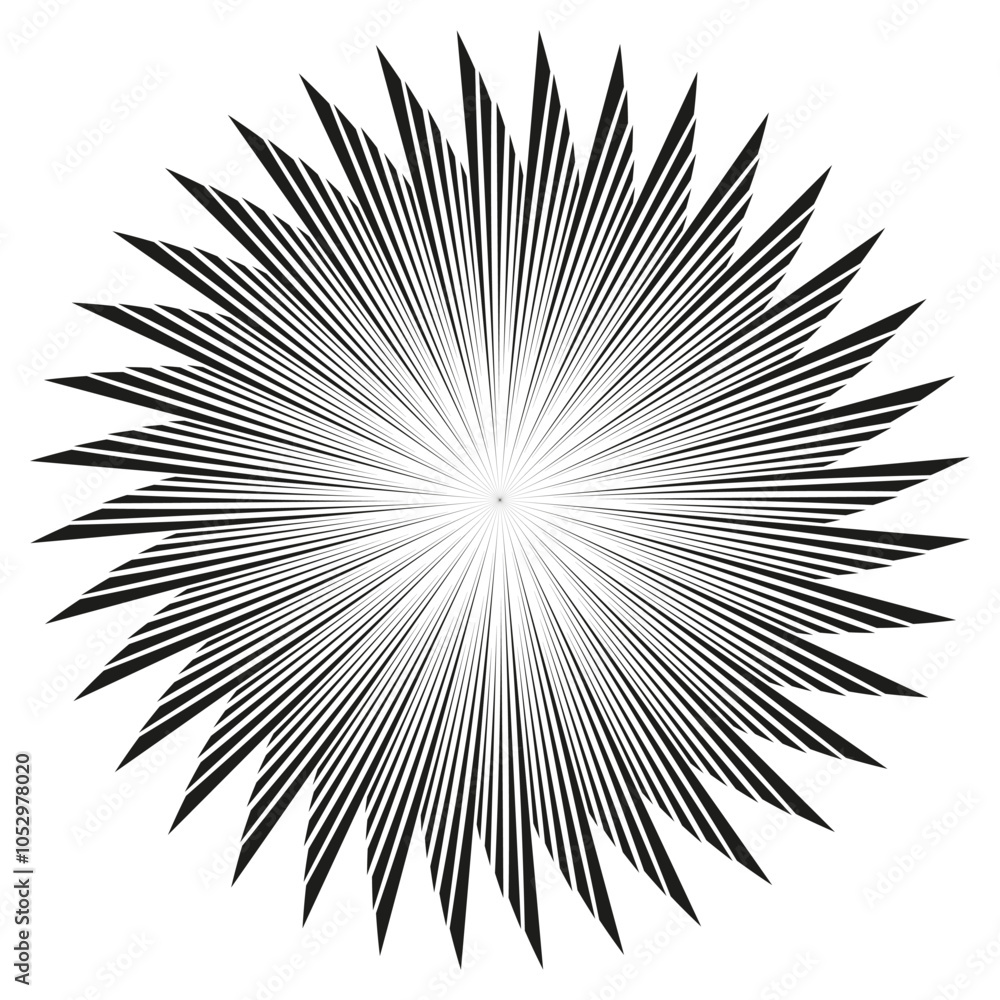 Poster abstract radial burst. black and white star pattern. geometric sharp lines. vector graphic element.