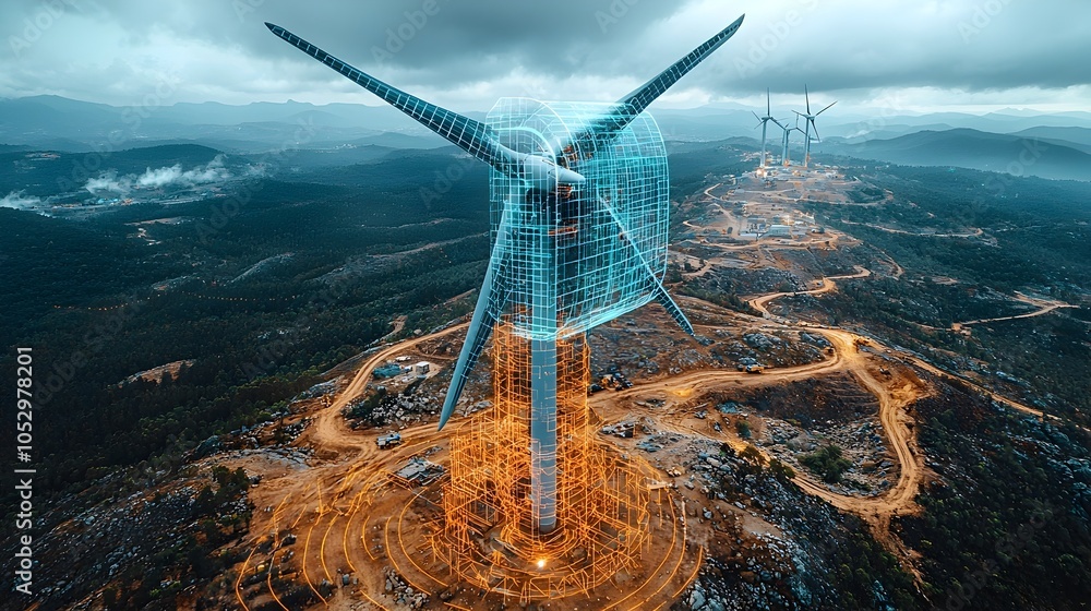 Aufkleber partially constructed wind turbine in a vast field with holographic displays showcasing project comp