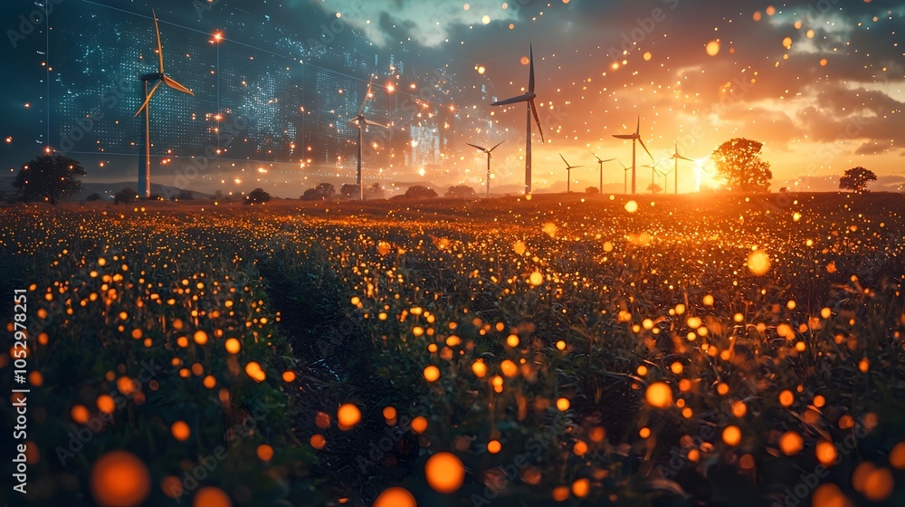 Poster partially constructed wind turbine standing tall in a vast field with holographic displays showcasin